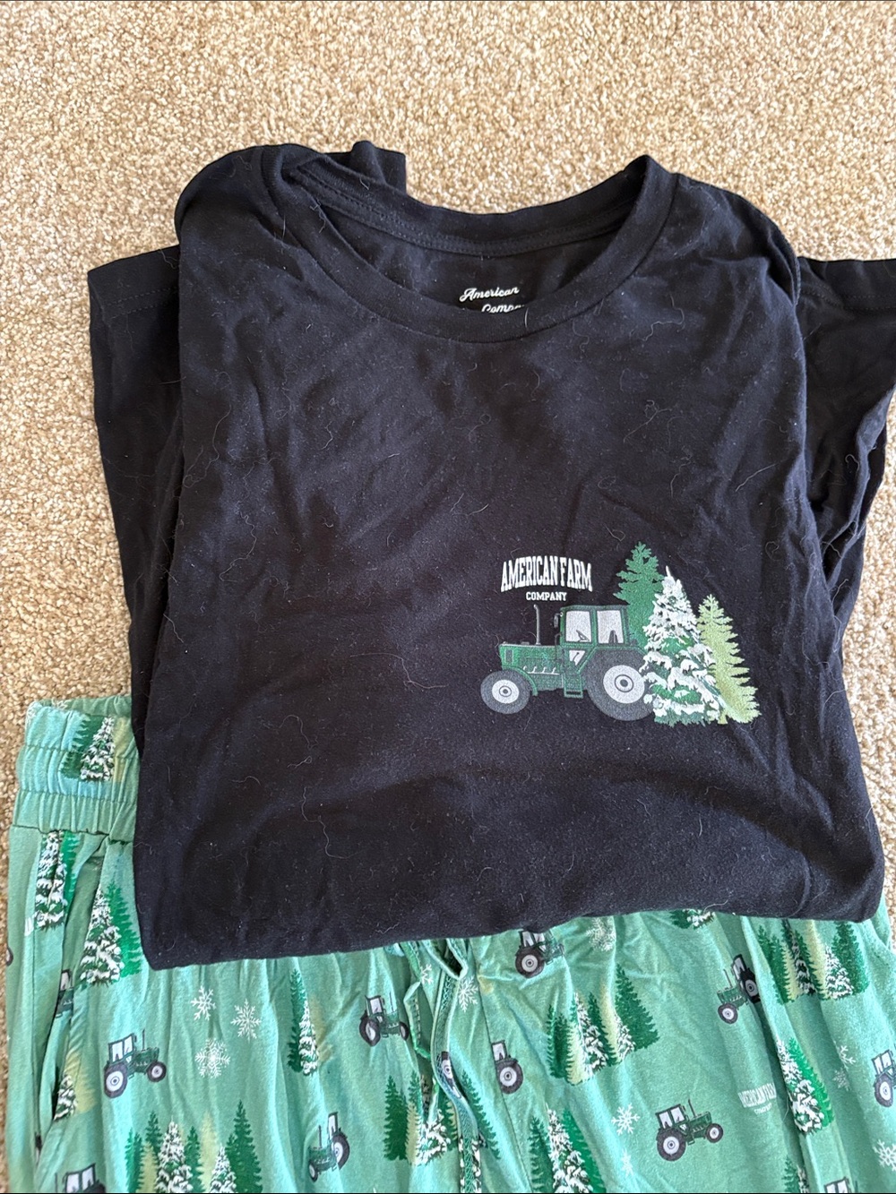 Women’s American Farm Christmas PJs Set Black Tee with Green Tractor Graphic